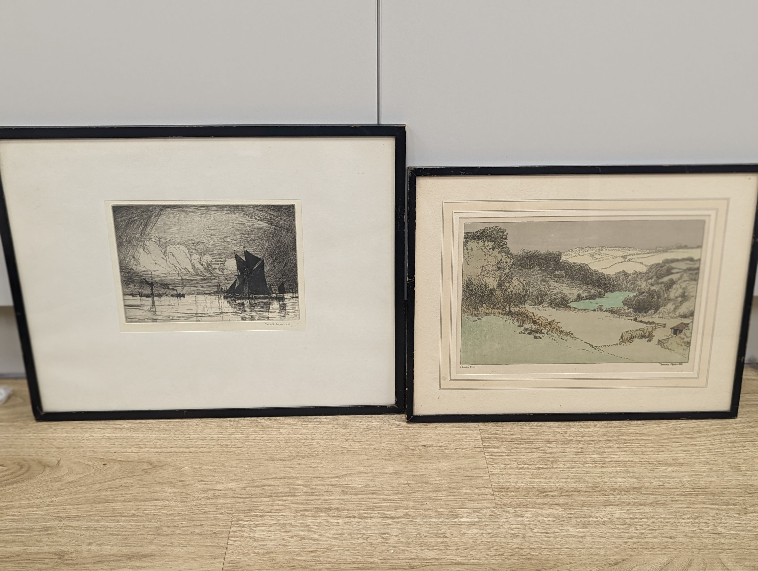 Donald Maxwell (1877-1936), etching, Sail barges off the coast, signed in pencil, 15 x 21cm and a etching and aquatint, Pooks Hill, 20 x 30cm